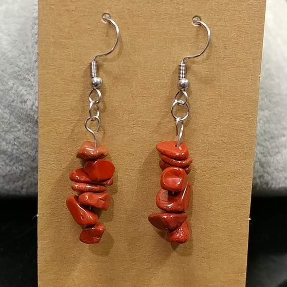 Red Jasper Earrings Natural Gemstone Chip Beaded Surgical Stainless-Steel Dangle - Picture 8 of 12